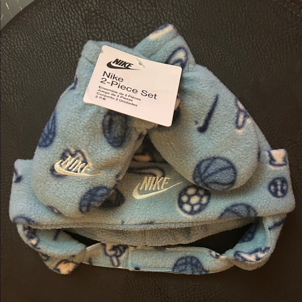 Nike Kids Sports Pattern Blue Mittens and Headband
